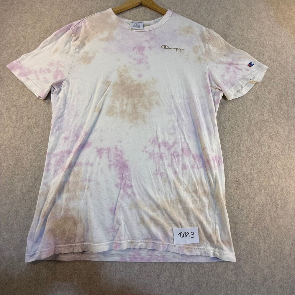 Champion Mens Large Tie Dye T-Shirt Purple Tan Embroidered Script Logo‎ Tee